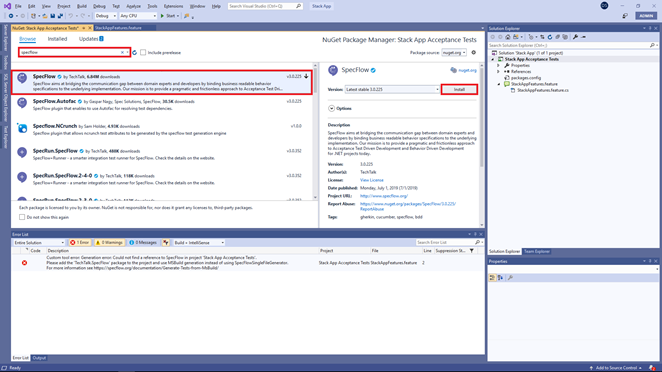 Install SpecFlow NuGet package