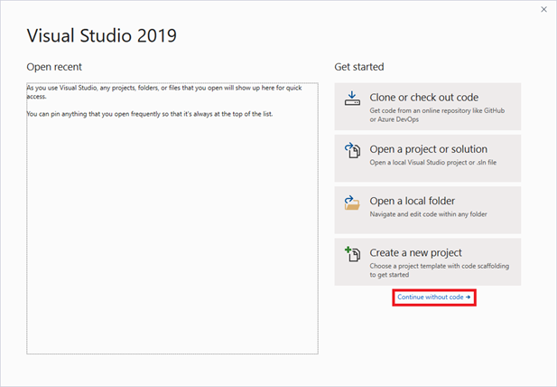 VS 2019 Continue without code