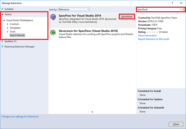 VS 2019 Install SpecFlow Extension