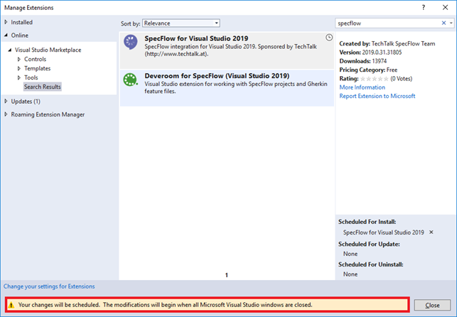 VS 2019 Close Visual Studio to complete SpecFlow Extension Installation